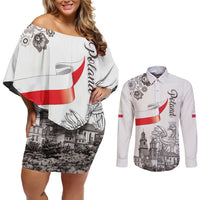 Poland Eagle Heritage Couples Matching Off Shoulder Short Dress and Long Sleeve Button Shirt Wawel Castle Polish Wycinanki Folk Pattern - Wonder Print Shop