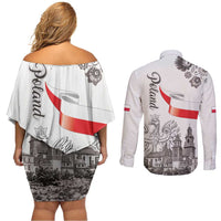 Poland Eagle Heritage Couples Matching Off Shoulder Short Dress and Long Sleeve Button Shirt Wawel Castle Polish Wycinanki Folk Pattern - Wonder Print Shop