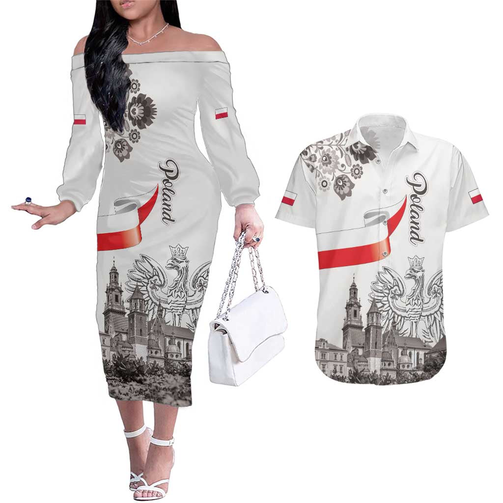 Poland Eagle Heritage Couples Matching Off The Shoulder Long Sleeve Dress and Hawaiian Shirt Wawel Castle Polish Wycinanki Folk Pattern - Wonder Print Shop