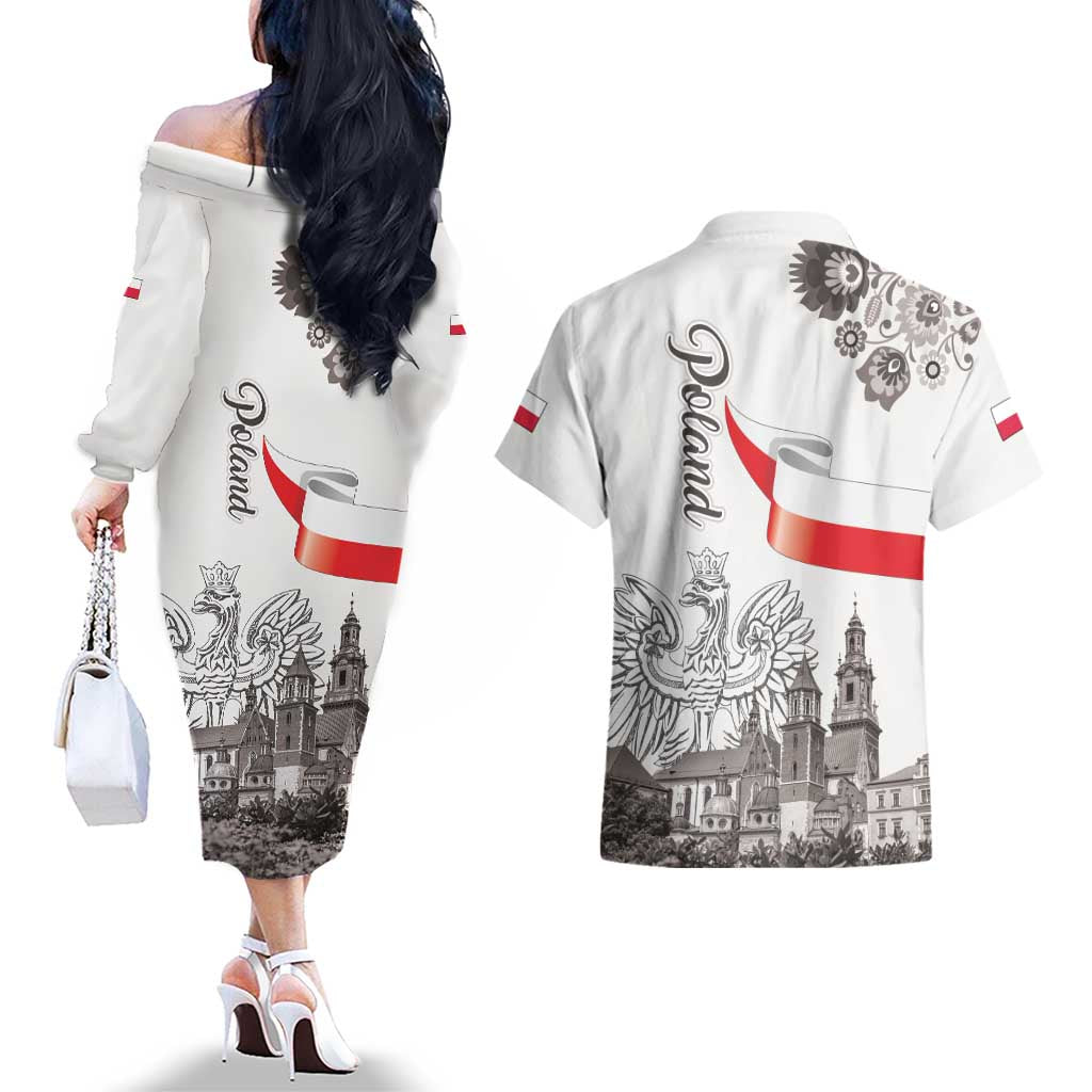 Poland Eagle Heritage Couples Matching Off The Shoulder Long Sleeve Dress and Hawaiian Shirt Wawel Castle Polish Wycinanki Folk Pattern - Wonder Print Shop