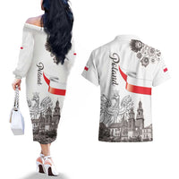 Poland Eagle Heritage Couples Matching Off The Shoulder Long Sleeve Dress and Hawaiian Shirt Wawel Castle Polish Wycinanki Folk Pattern - Wonder Print Shop