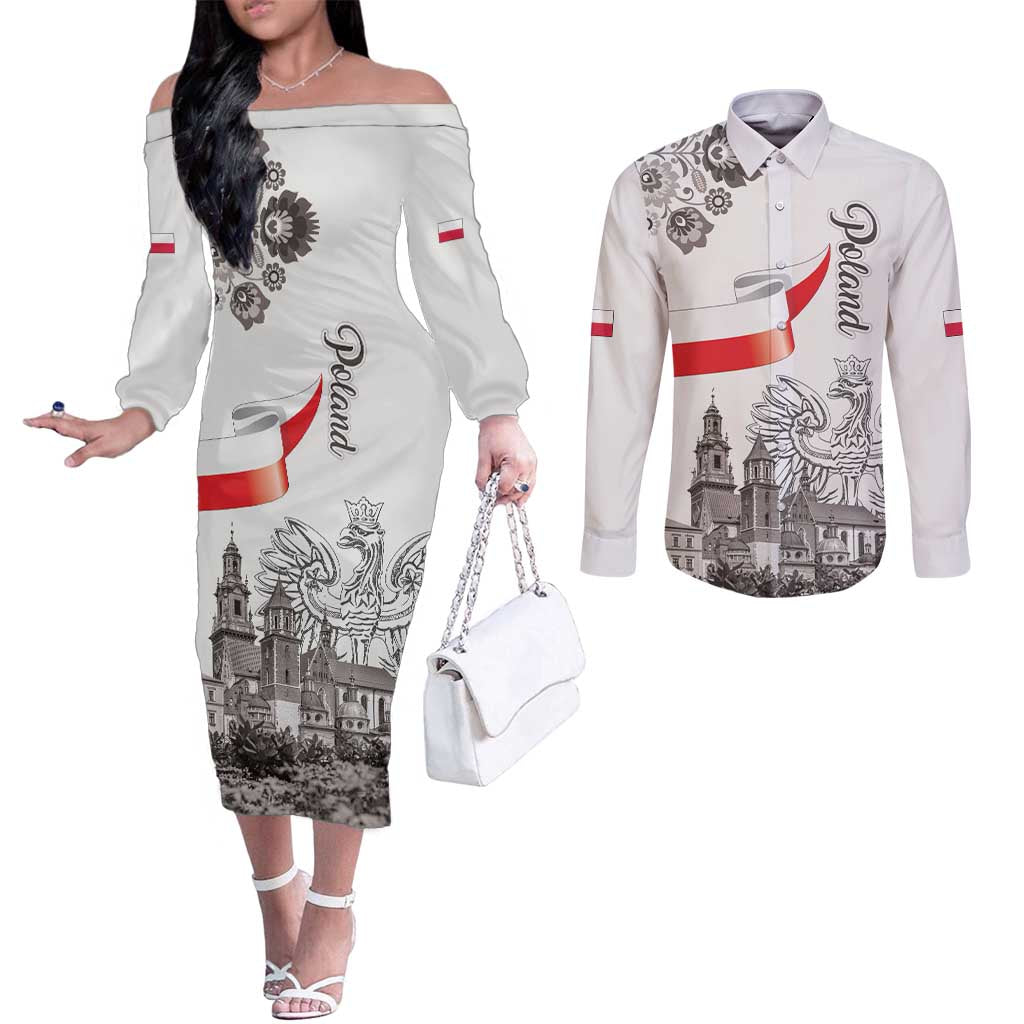Poland Eagle Heritage Couples Matching Off The Shoulder Long Sleeve Dress and Long Sleeve Button Shirt Wawel Castle Polish Wycinanki Folk Pattern - Wonder Print Shop