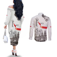 Poland Eagle Heritage Couples Matching Off The Shoulder Long Sleeve Dress and Long Sleeve Button Shirt Wawel Castle Polish Wycinanki Folk Pattern - Wonder Print Shop