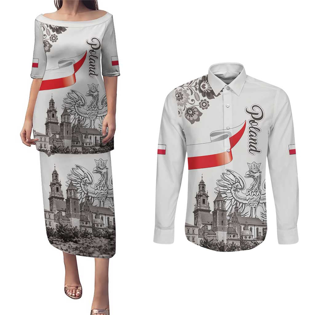 Poland Eagle Heritage Couples Matching Puletasi and Long Sleeve Button Shirt Wawel Castle Polish Wycinanki Folk Pattern - Wonder Print Shop