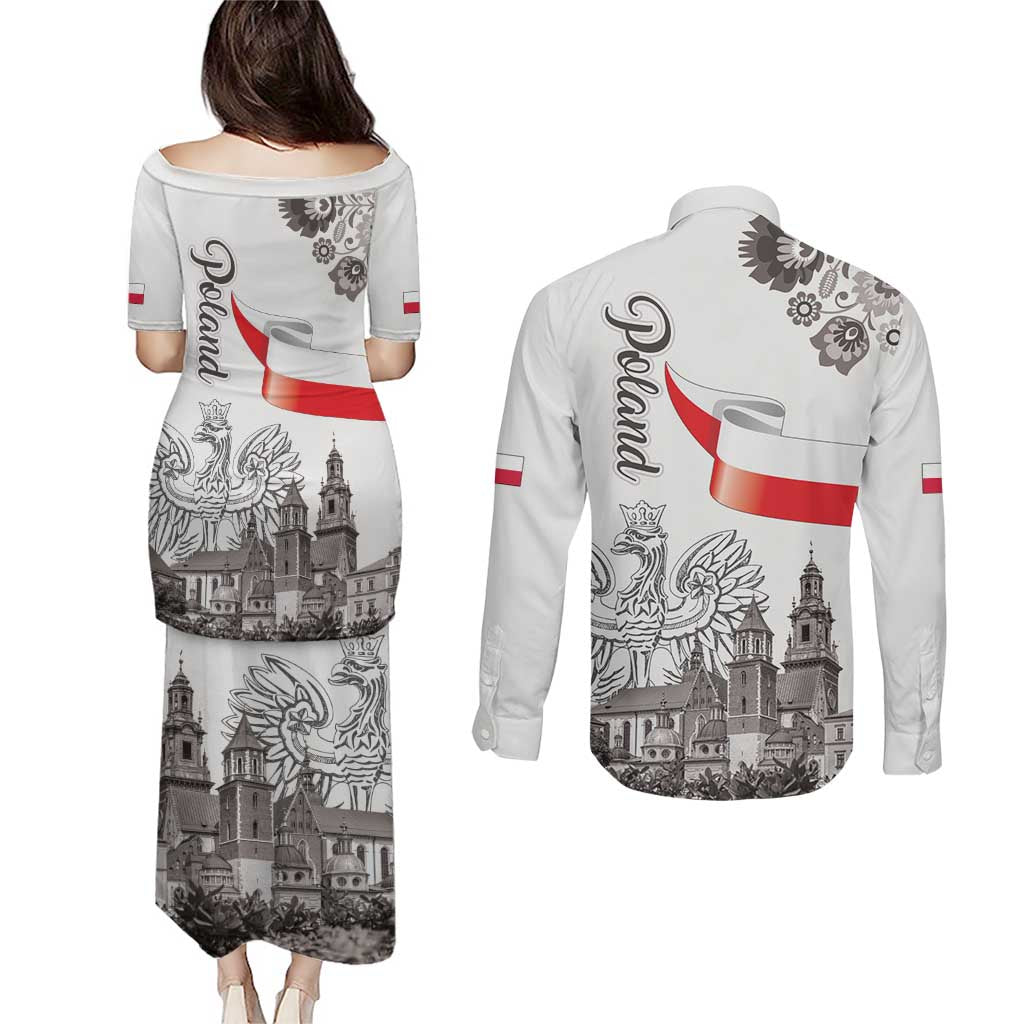 Poland Eagle Heritage Couples Matching Puletasi and Long Sleeve Button Shirt Wawel Castle Polish Wycinanki Folk Pattern - Wonder Print Shop