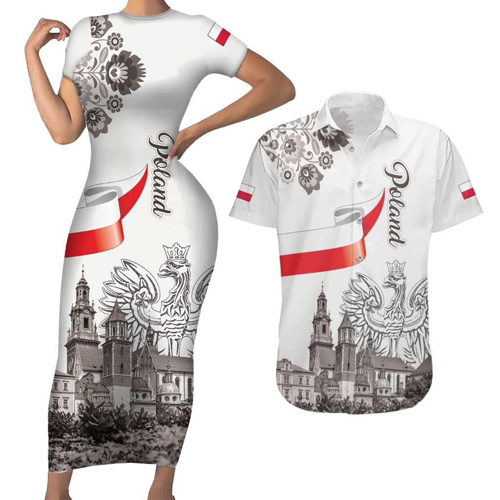 Poland Eagle Heritage Couples Matching Short Sleeve Bodycon Dress and Hawaiian Shirt Wawel Castle Polish Wycinanki Folk Pattern - Wonder Print Shop