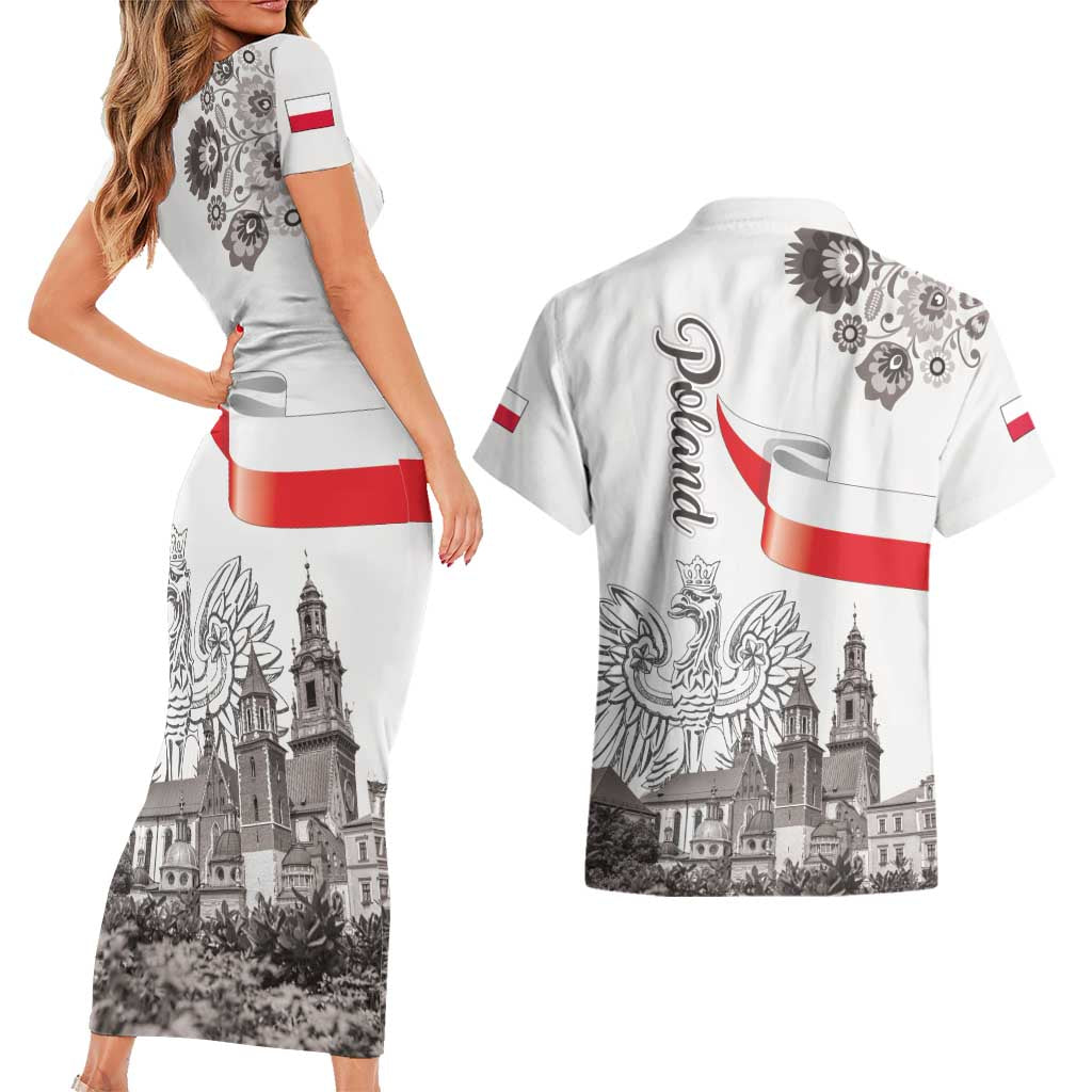 Poland Eagle Heritage Couples Matching Short Sleeve Bodycon Dress and Hawaiian Shirt Wawel Castle Polish Wycinanki Folk Pattern - Wonder Print Shop