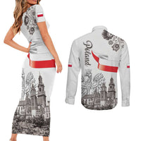 Poland Eagle Heritage Couples Matching Short Sleeve Bodycon Dress and Long Sleeve Button Shirt Wawel Castle Polish Wycinanki Folk Pattern - Wonder Print Shop