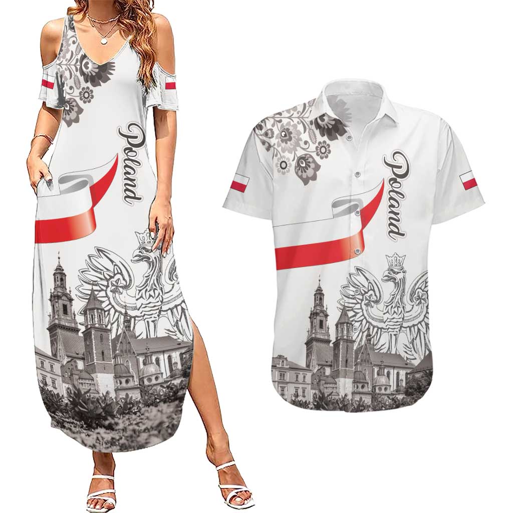 Poland Eagle Heritage Couples Matching Summer Maxi Dress and Hawaiian Shirt Wawel Castle Polish Wycinanki Folk Pattern - Wonder Print Shop