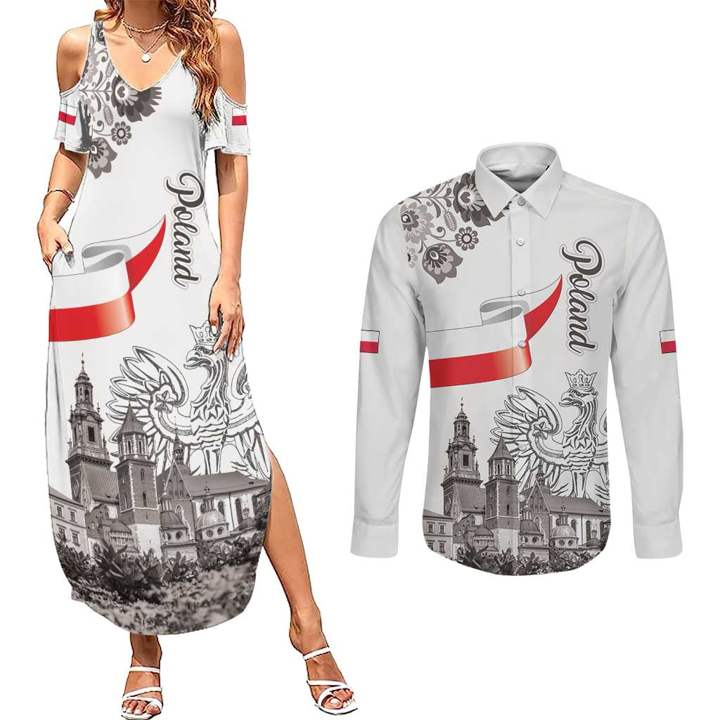 Poland Eagle Heritage Couples Matching Summer Maxi Dress and Long Sleeve Button Shirt Wawel Castle Polish Wycinanki Folk Pattern - Wonder Print Shop
