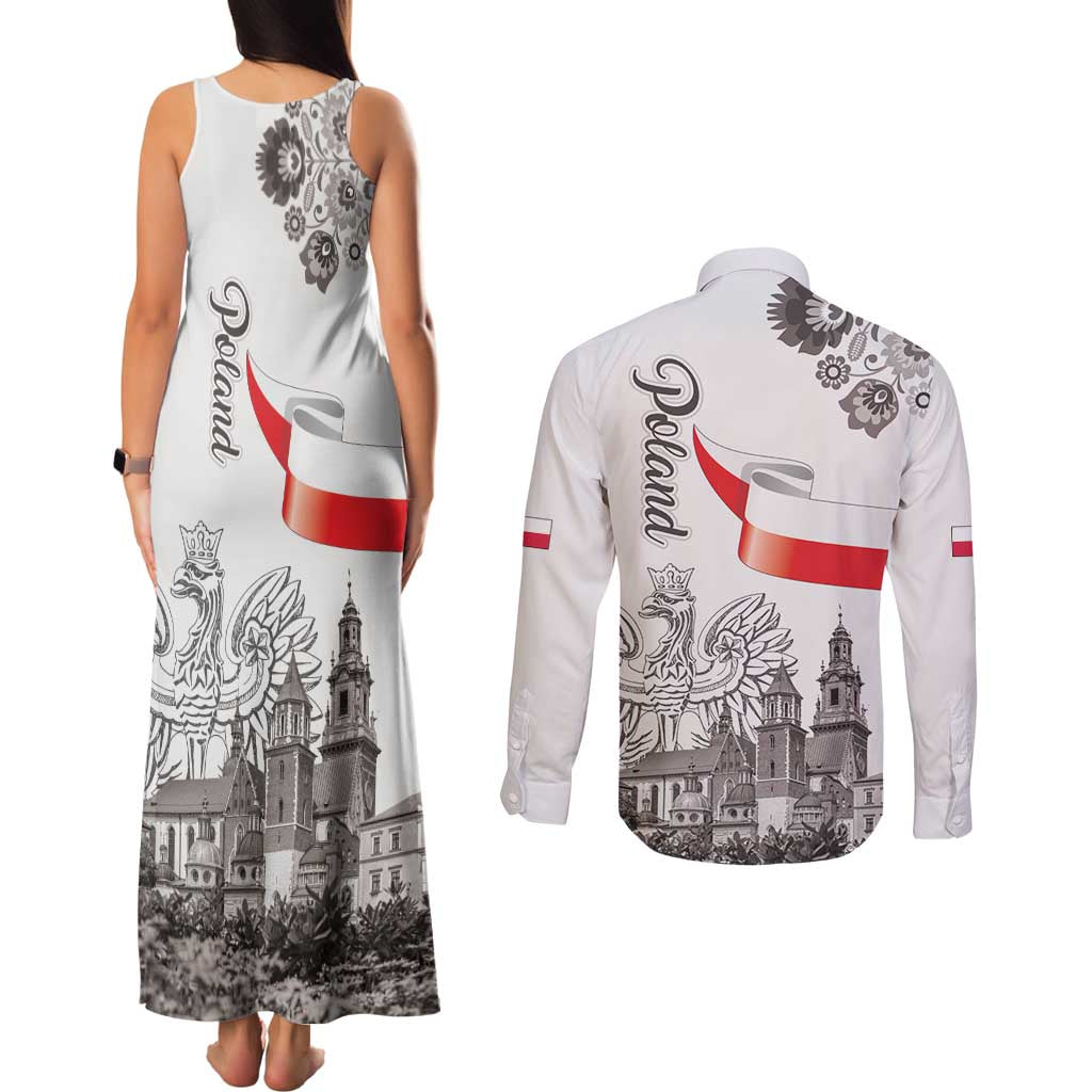 Poland Eagle Heritage Couples Matching Tank Maxi Dress and Long Sleeve Button Shirt Wawel Castle Polish Wycinanki Folk Pattern - Wonder Print Shop