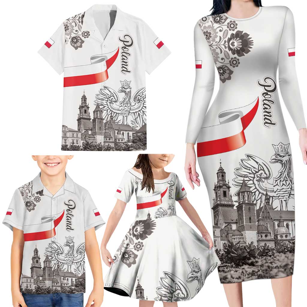 Poland Eagle Heritage Family Matching Long Sleeve Bodycon Dress and Hawaiian Shirt Wawel Castle Polish Wycinanki Folk Pattern - Wonder Print Shop