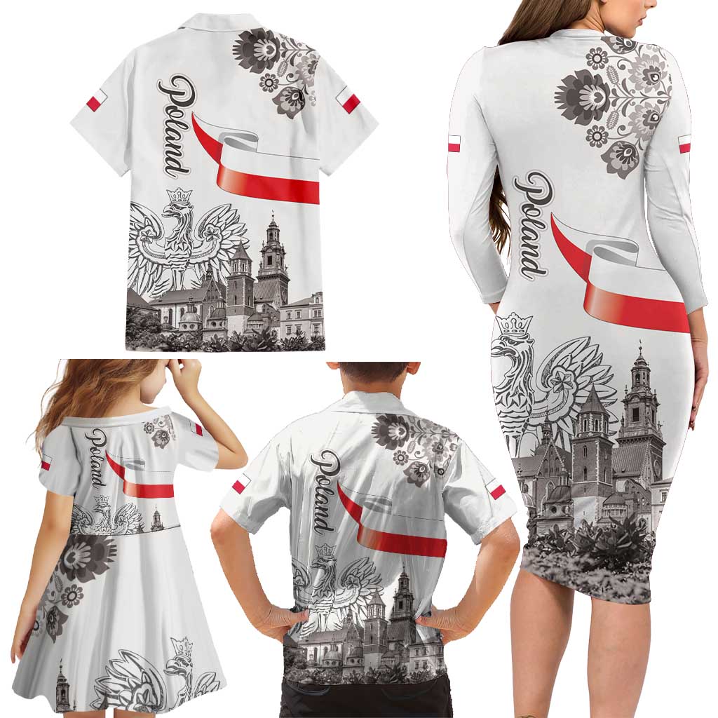 Poland Eagle Heritage Family Matching Long Sleeve Bodycon Dress and Hawaiian Shirt Wawel Castle Polish Wycinanki Folk Pattern - Wonder Print Shop