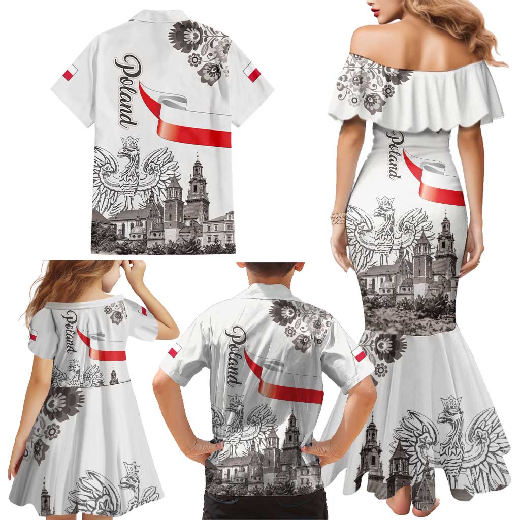 Poland Eagle Heritage Family Matching Mermaid Dress and Hawaiian Shirt Wawel Castle Polish Wycinanki Folk Pattern - Wonder Print Shop
