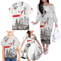Poland Eagle Heritage Family Matching Off The Shoulder Long Sleeve Dress and Hawaiian Shirt Wawel Castle Polish Wycinanki Folk Pattern - Wonder Print Shop