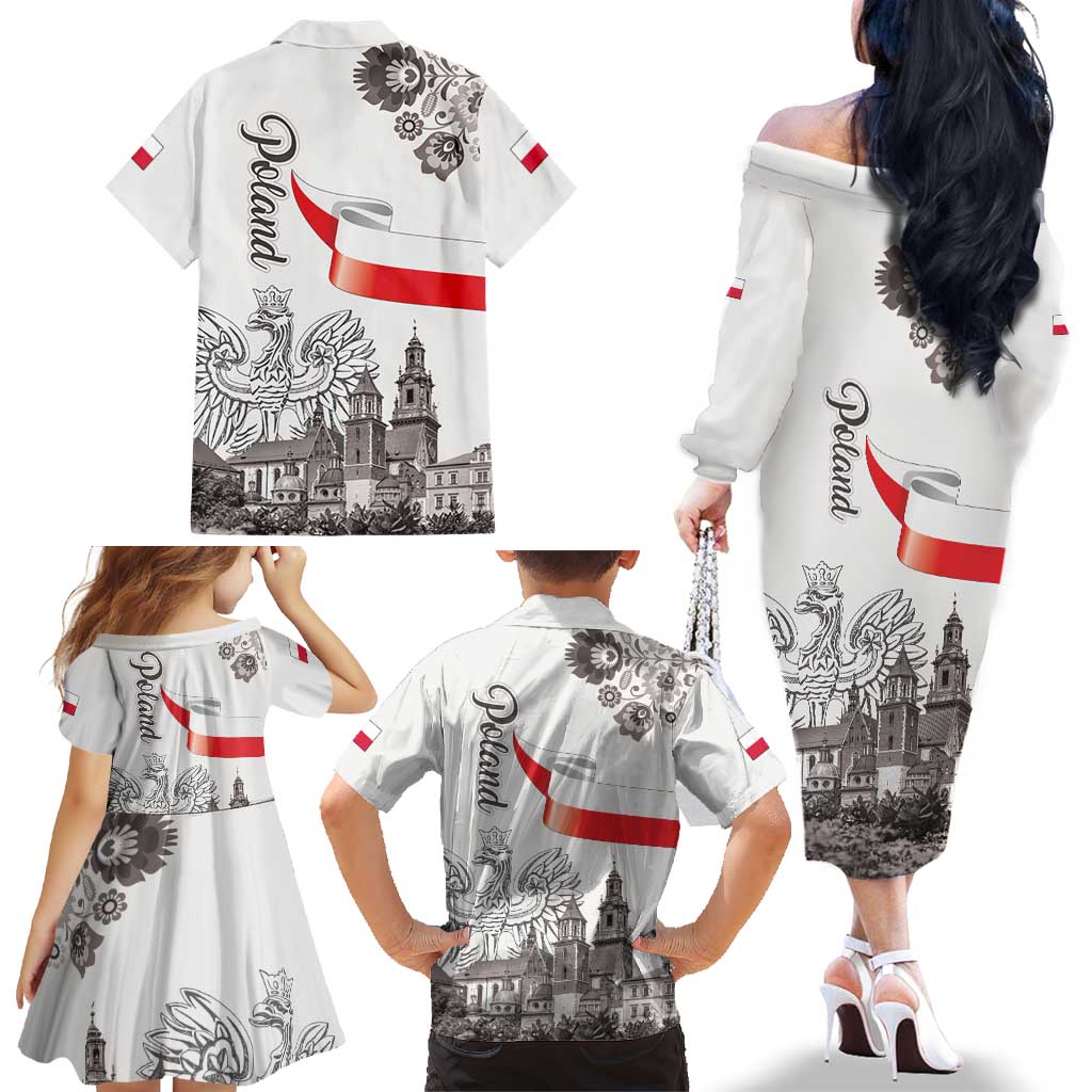 Poland Eagle Heritage Family Matching Off The Shoulder Long Sleeve Dress and Hawaiian Shirt Wawel Castle Polish Wycinanki Folk Pattern - Wonder Print Shop