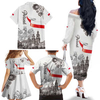 Poland Eagle Heritage Family Matching Off The Shoulder Long Sleeve Dress and Hawaiian Shirt Wawel Castle Polish Wycinanki Folk Pattern - Wonder Print Shop