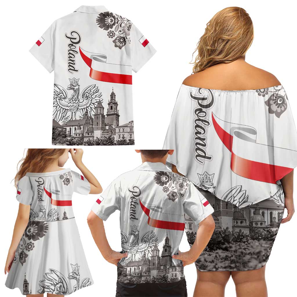 Poland Eagle Heritage Family Matching Off Shoulder Short Dress and Hawaiian Shirt Wawel Castle Polish Wycinanki Folk Pattern - Wonder Print Shop