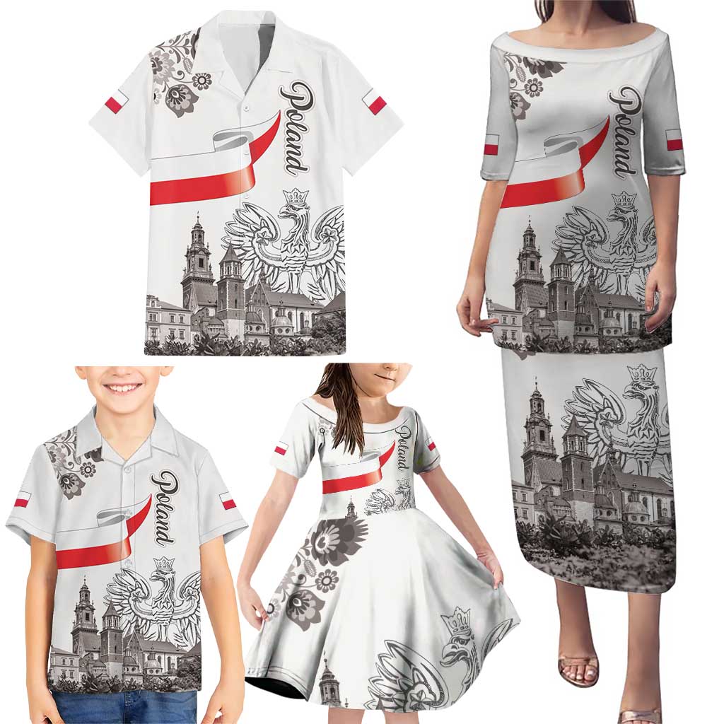 Poland Eagle Heritage Family Matching Puletasi and Hawaiian Shirt Wawel Castle Polish Wycinanki Folk Pattern - Wonder Print Shop