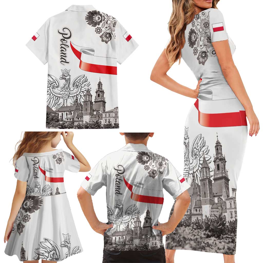 Poland Eagle Heritage Family Matching Short Sleeve Bodycon Dress and Hawaiian Shirt Wawel Castle Polish Wycinanki Folk Pattern - Wonder Print Shop