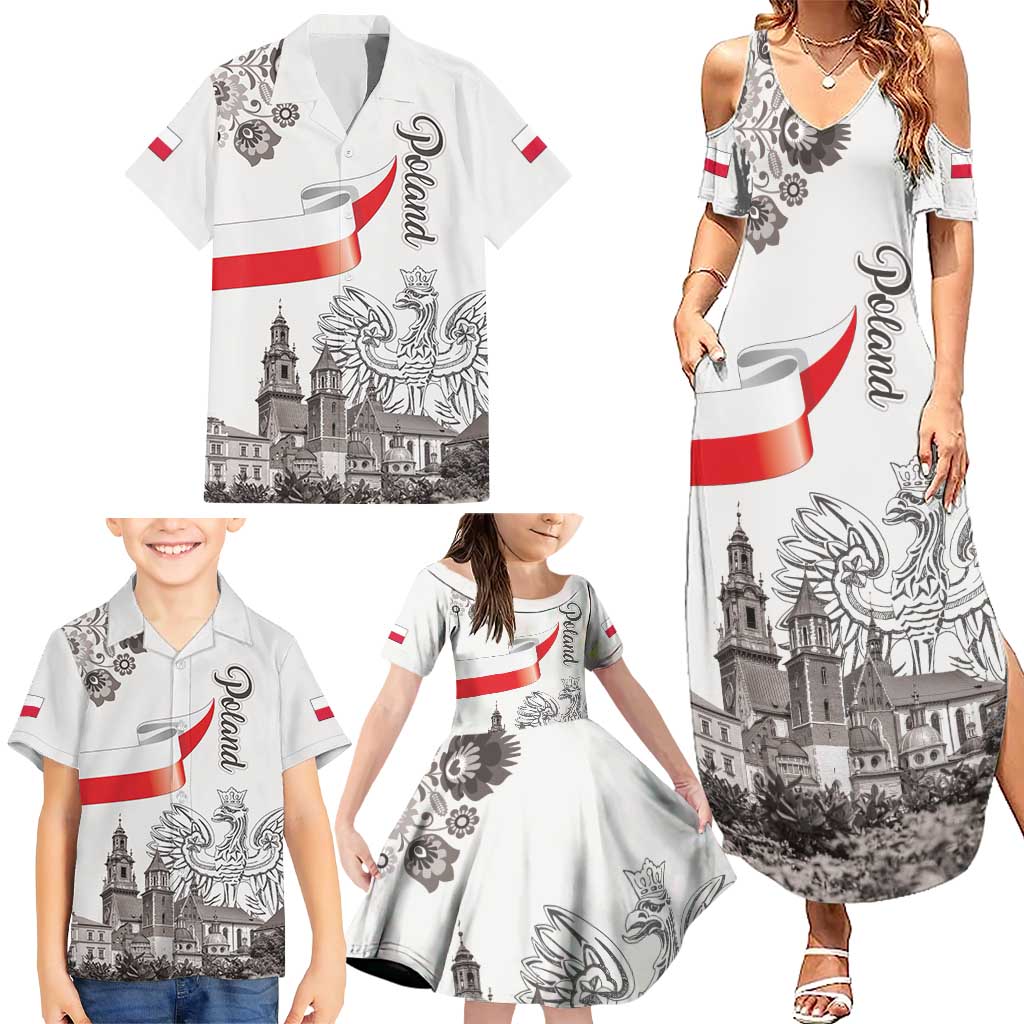 Poland Eagle Heritage Family Matching Summer Maxi Dress and Hawaiian Shirt Wawel Castle Polish Wycinanki Folk Pattern - Wonder Print Shop