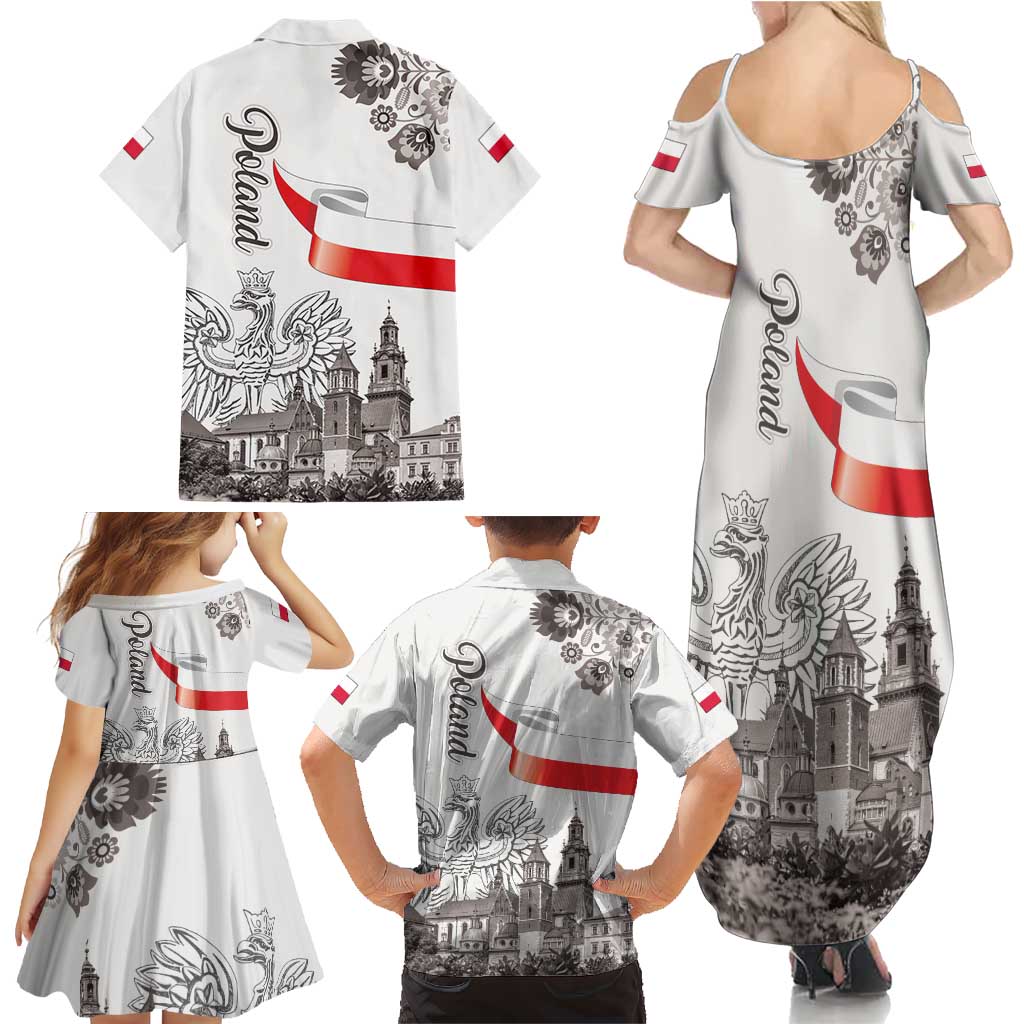 Poland Eagle Heritage Family Matching Summer Maxi Dress and Hawaiian Shirt Wawel Castle Polish Wycinanki Folk Pattern - Wonder Print Shop