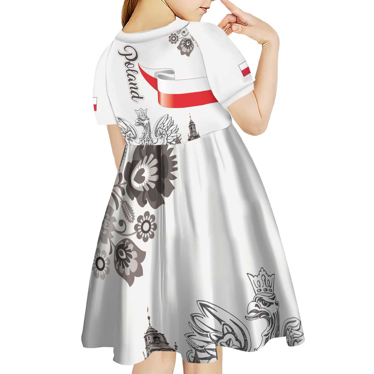Poland Eagle Heritage Kid Short Sleeve Dress Wawel Castle Polish Wycinanki Folk Pattern - Wonder Print Shop