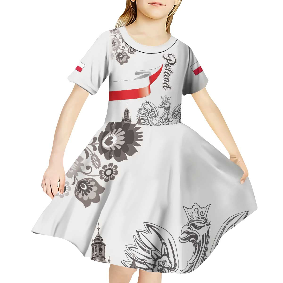Poland Eagle Heritage Kid Short Sleeve Dress Wawel Castle Polish Wycinanki Folk Pattern - Wonder Print Shop