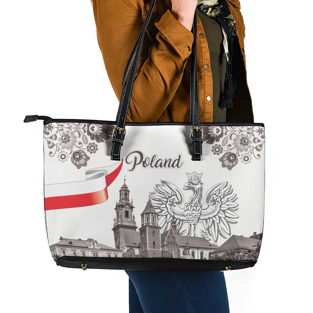 Poland Eagle Heritage Leather Tote Bag Wawel Castle Polish Wycinanki Folk Pattern - Wonder Print Shop