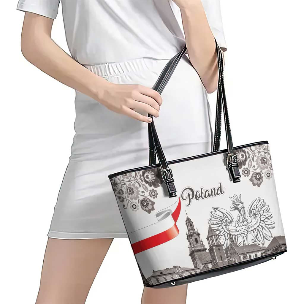 Poland Eagle Heritage Leather Tote Bag Wawel Castle Polish Wycinanki Folk Pattern - Wonder Print Shop