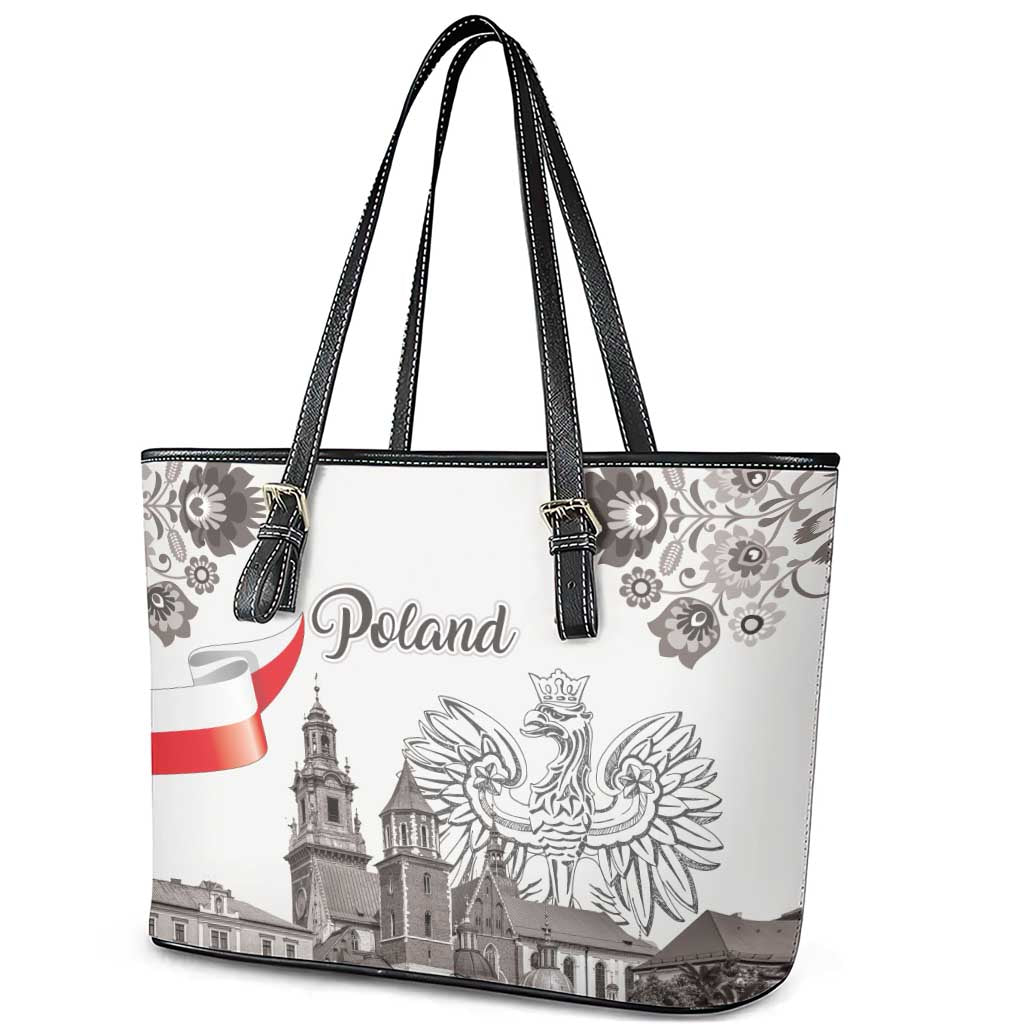 Poland Eagle Heritage Leather Tote Bag Wawel Castle Polish Wycinanki Folk Pattern - Wonder Print Shop