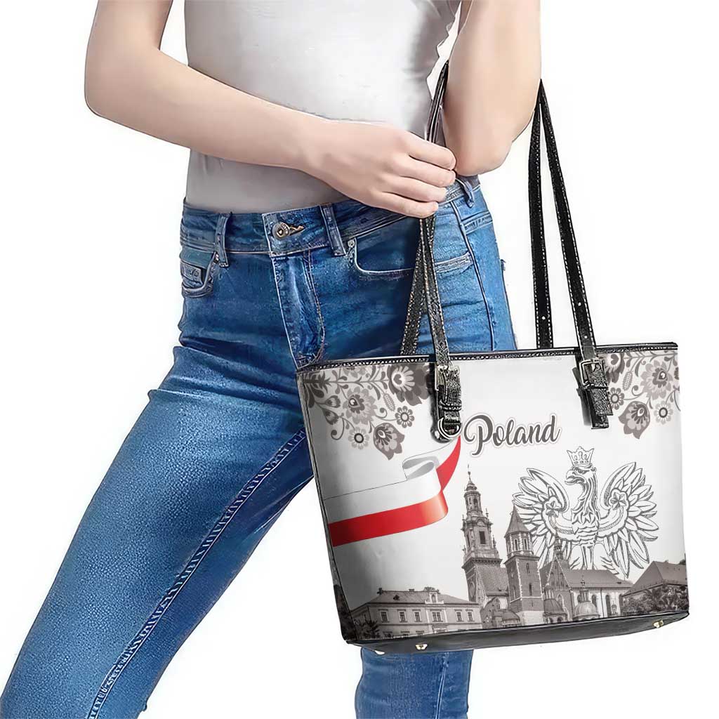 Poland Eagle Heritage Leather Tote Bag Wawel Castle Polish Wycinanki Folk Pattern - Wonder Print Shop