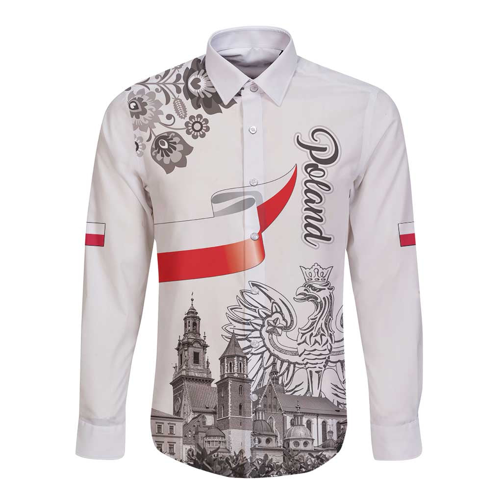 Poland Eagle Heritage Long Sleeve Button Shirt Wawel Castle Polish Wycinanki Folk Pattern - Wonder Print Shop