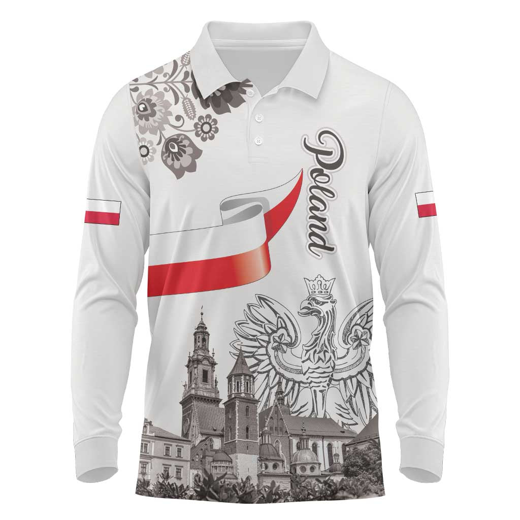 Poland Eagle Heritage Long Sleeve Polo Shirt Wawel Castle Polish Wycinanki Folk Pattern - Wonder Print Shop