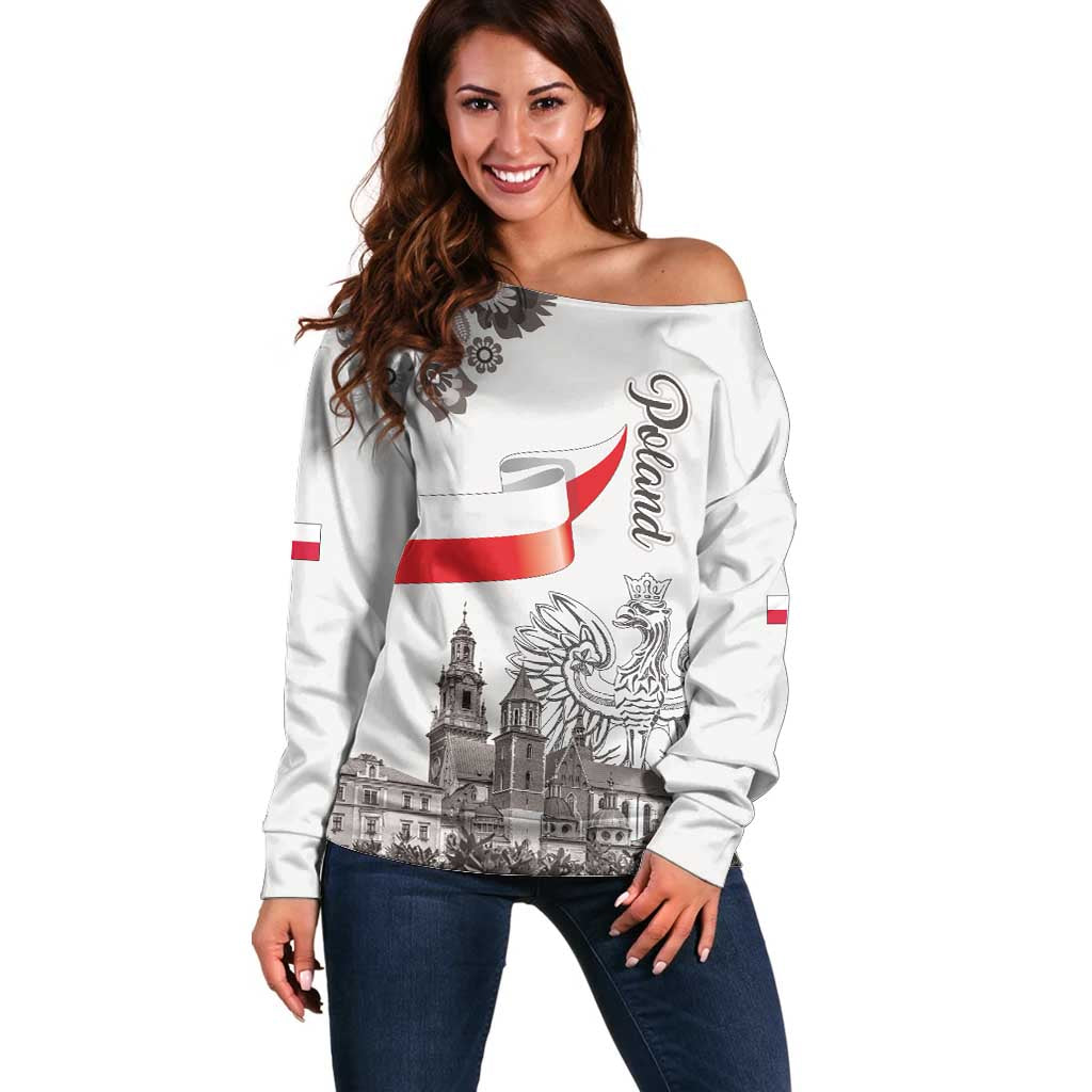 Poland Eagle Heritage Off Shoulder Sweater Wawel Castle Polish Wycinanki Folk Pattern - Wonder Print Shop