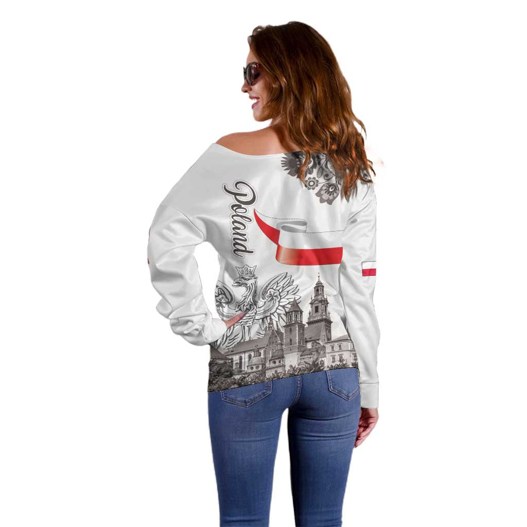 Poland Eagle Heritage Off Shoulder Sweater Wawel Castle Polish Wycinanki Folk Pattern - Wonder Print Shop