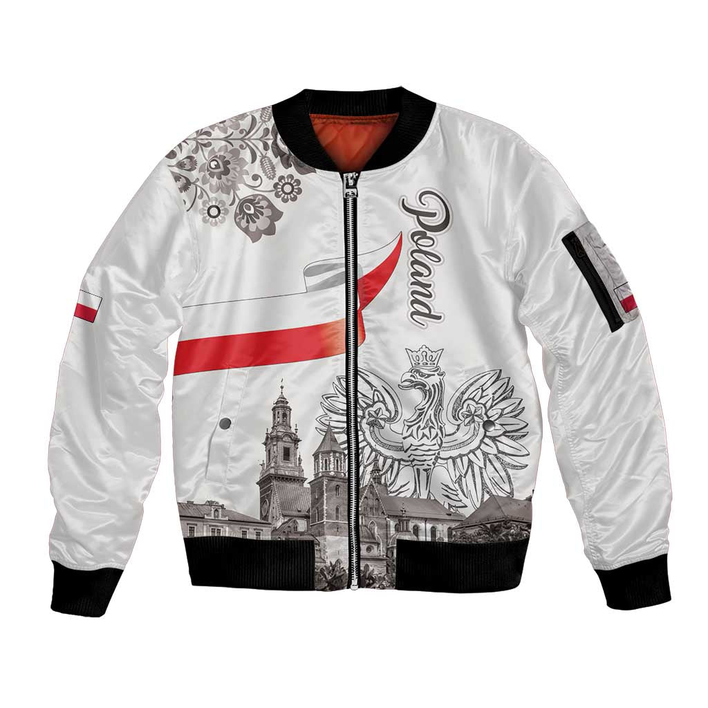 Poland Eagle Heritage Sleeve Zip Bomber Jacket Wawel Castle Polish Wycinanki Folk Pattern - Wonder Print Shop