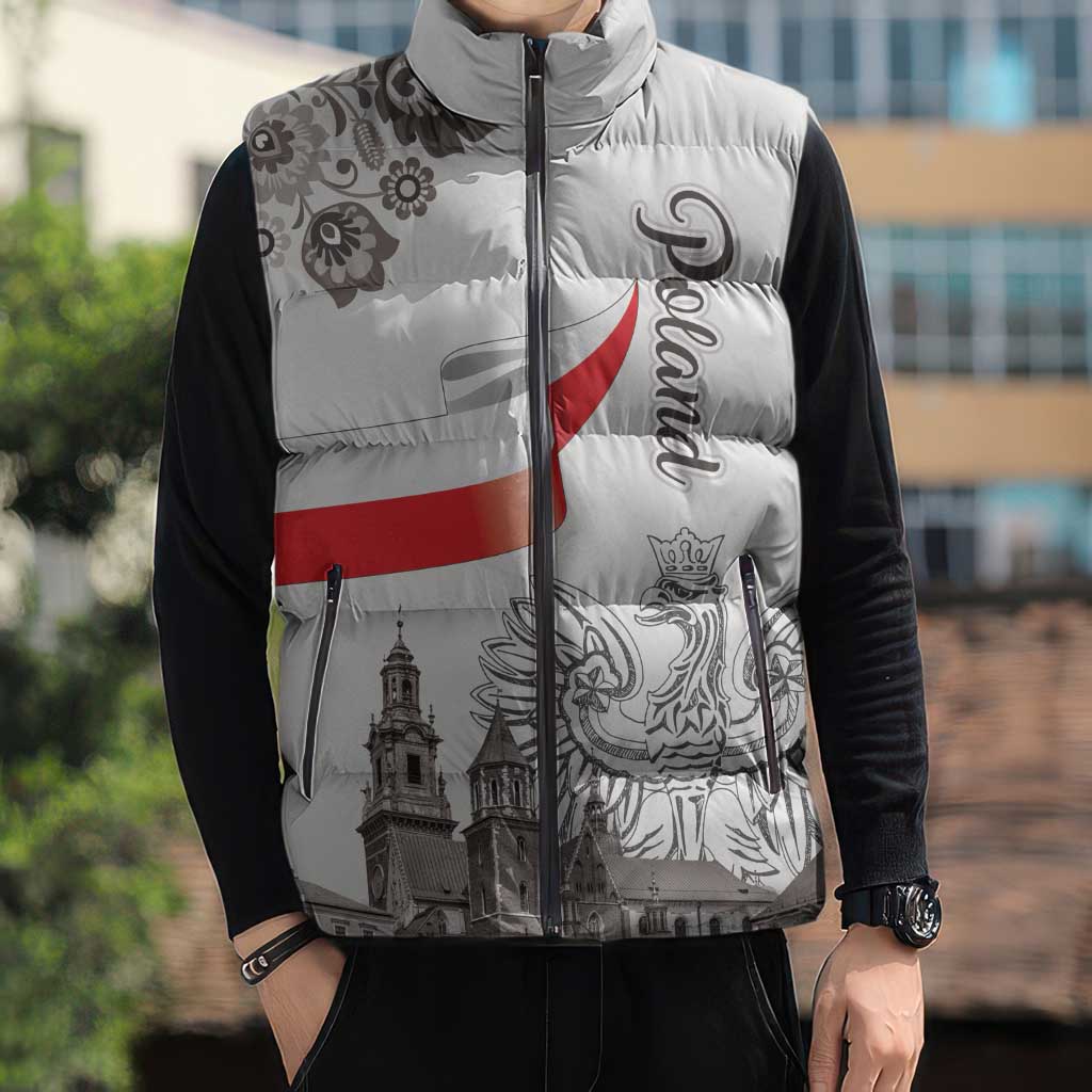 Poland Eagle Heritage Sleeveless Puffer Jacket Wawel Castle Polish Wycinanki Folk Pattern - Wonder Print Shop