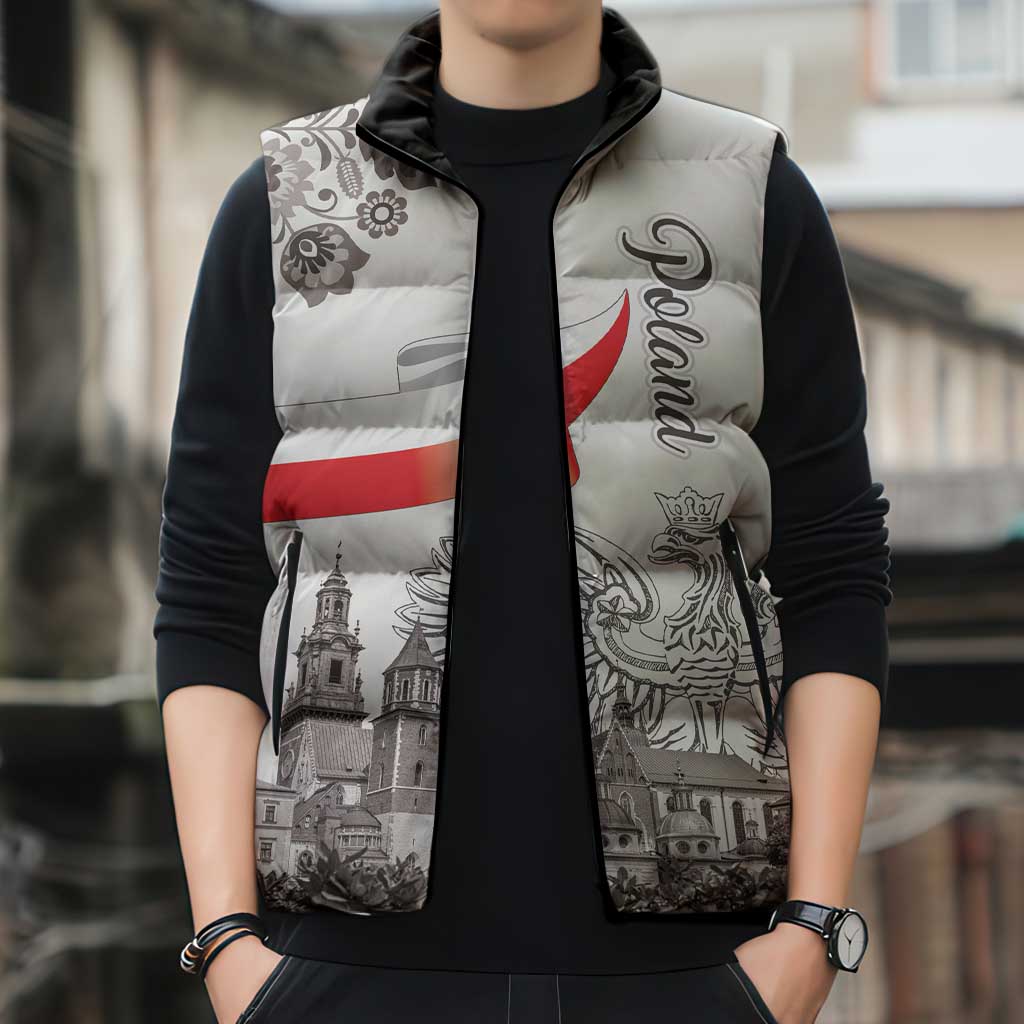 Poland Eagle Heritage Sleeveless Puffer Jacket Wawel Castle Polish Wycinanki Folk Pattern - Wonder Print Shop