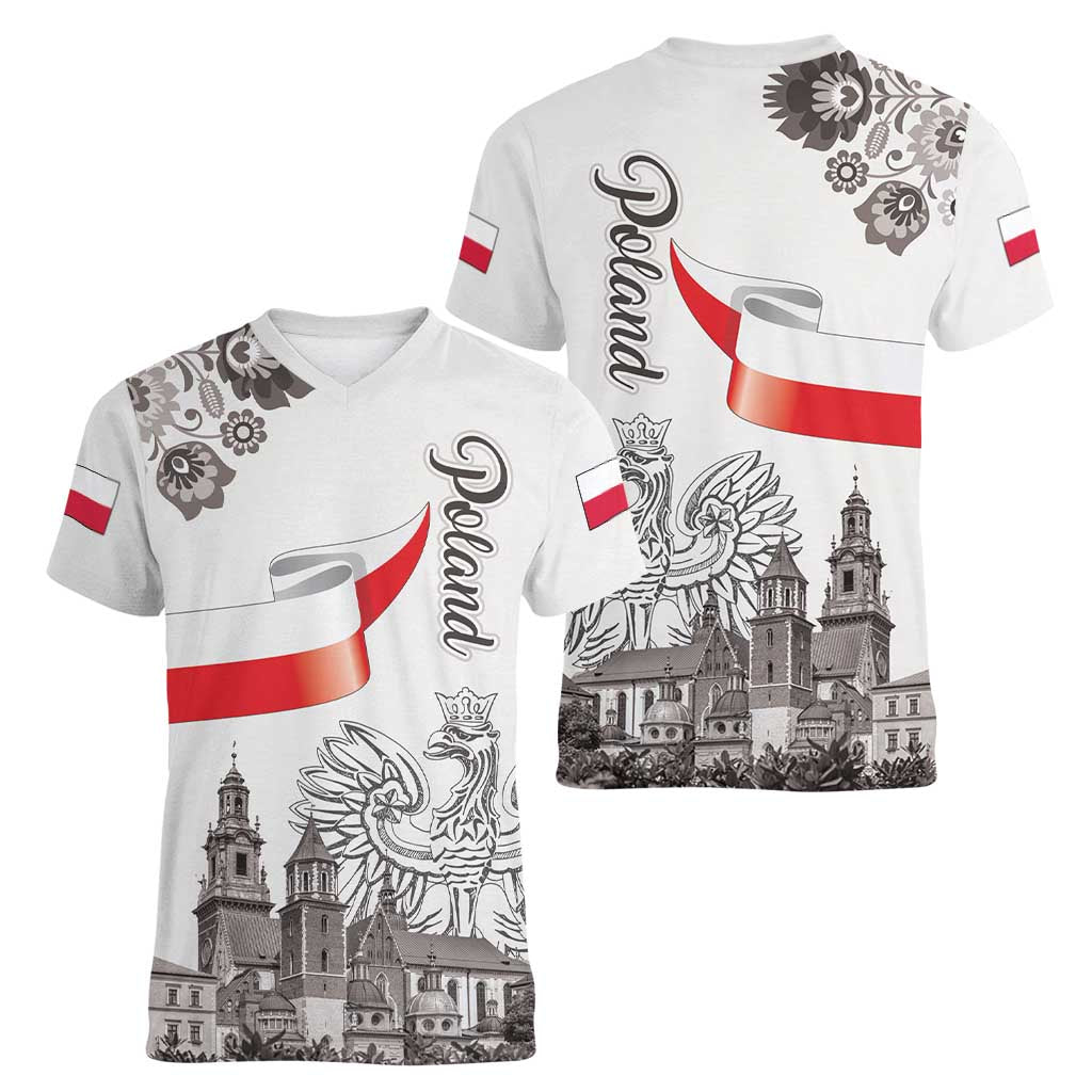 Poland Eagle Heritage Women V-Neck T-Shirt Wawel Castle Polish Wycinanki Folk Pattern - Wonder Print Shop