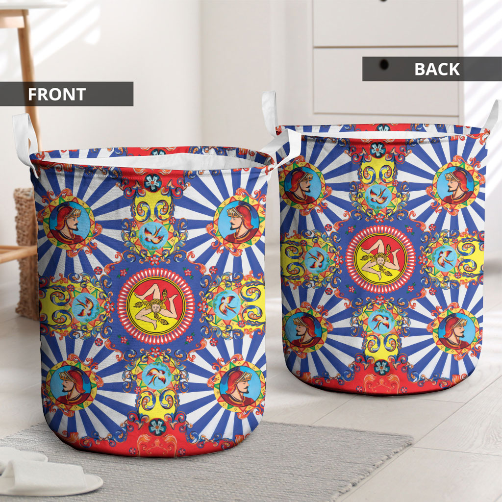 Carretto Siciliano Folk Art Laundry Basket Trinacria Symbol Italian Pattern