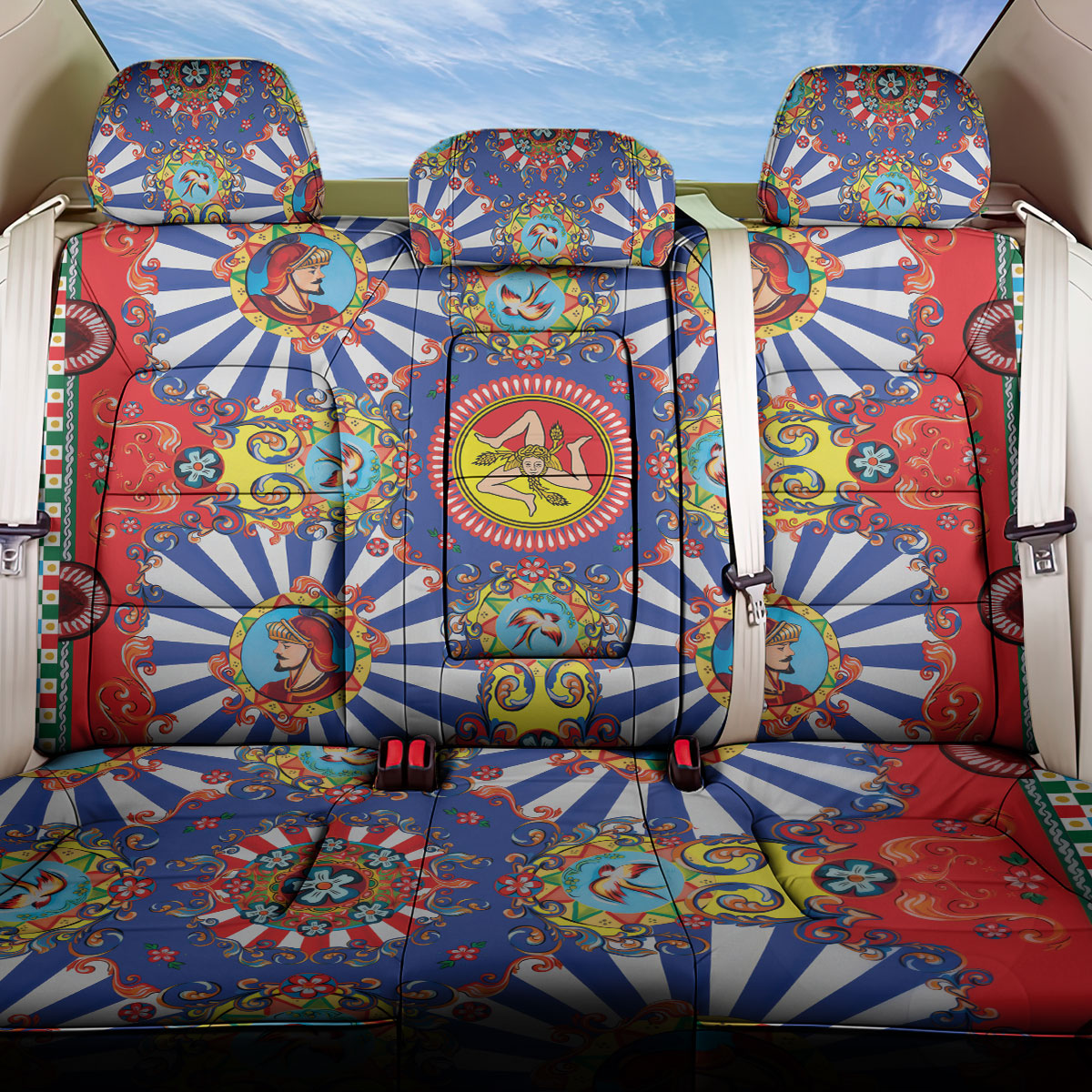 Carretto Siciliano Folk Art Back Car Seat Cover Trinacria Symbol Italian Pattern