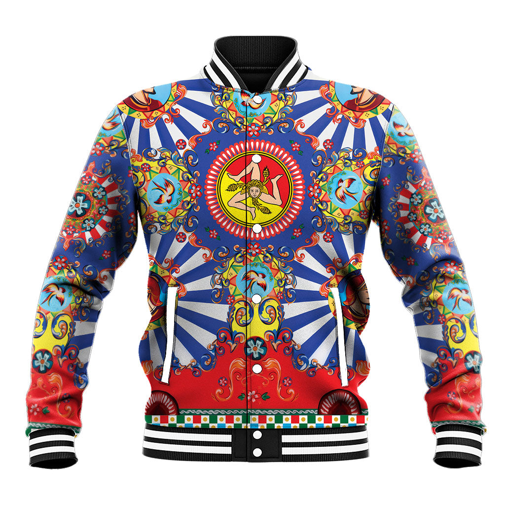 Carretto Siciliano Folk Art Baseball Jacket Trinacria Symbol Italian Pattern