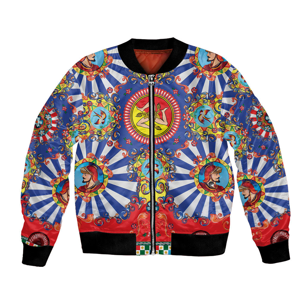 Carretto Siciliano Folk Art Bomber Jacket Trinacria Symbol Italian Pattern