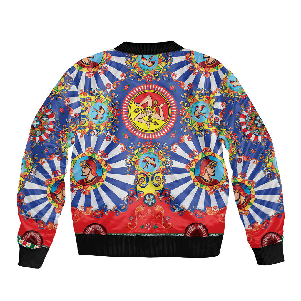 Carretto Siciliano Folk Art Bomber Jacket Trinacria Symbol Italian Pattern