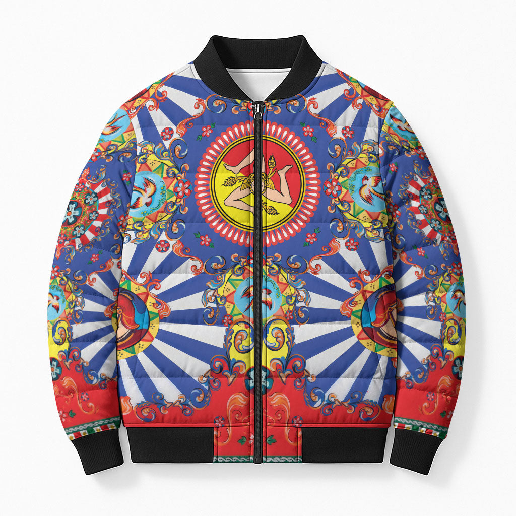 Carretto Siciliano Folk Art Bomber Puffer Jacket Trinacria Symbol Italian Pattern