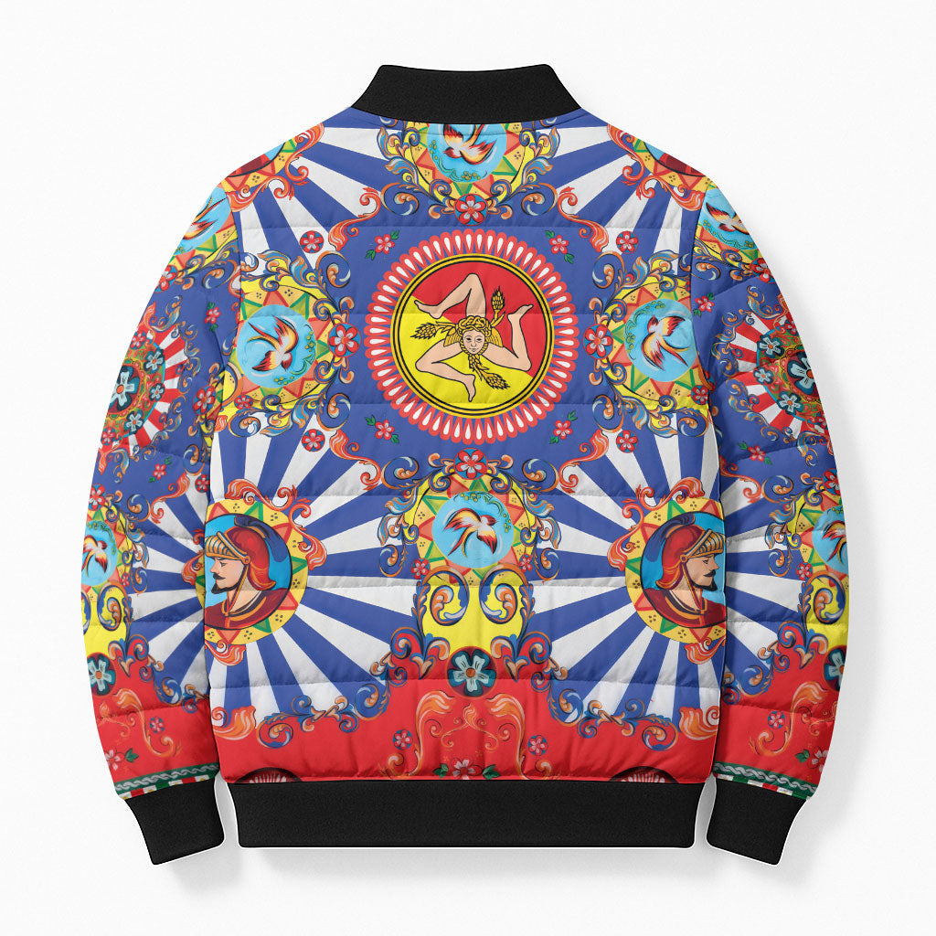 Carretto Siciliano Folk Art Bomber Puffer Jacket Trinacria Symbol Italian Pattern