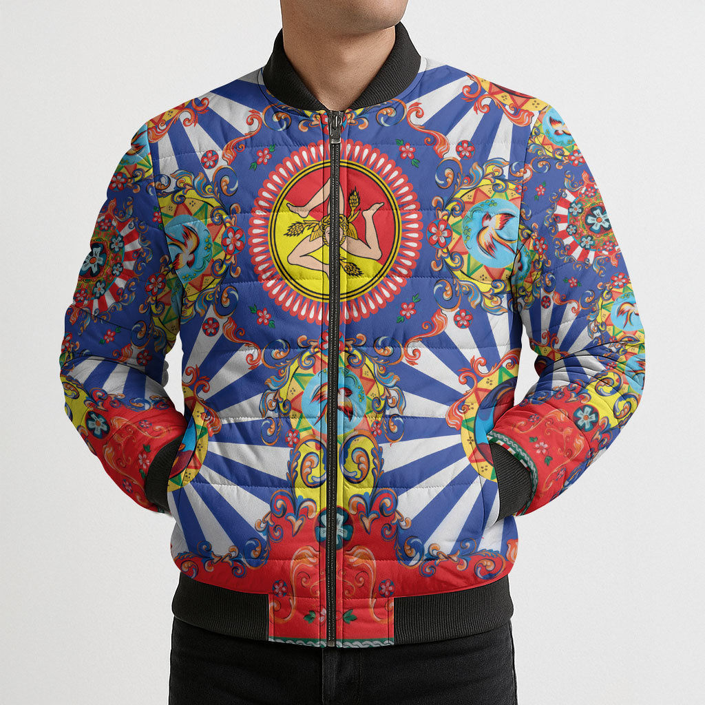 Carretto Siciliano Folk Art Bomber Puffer Jacket Trinacria Symbol Italian Pattern