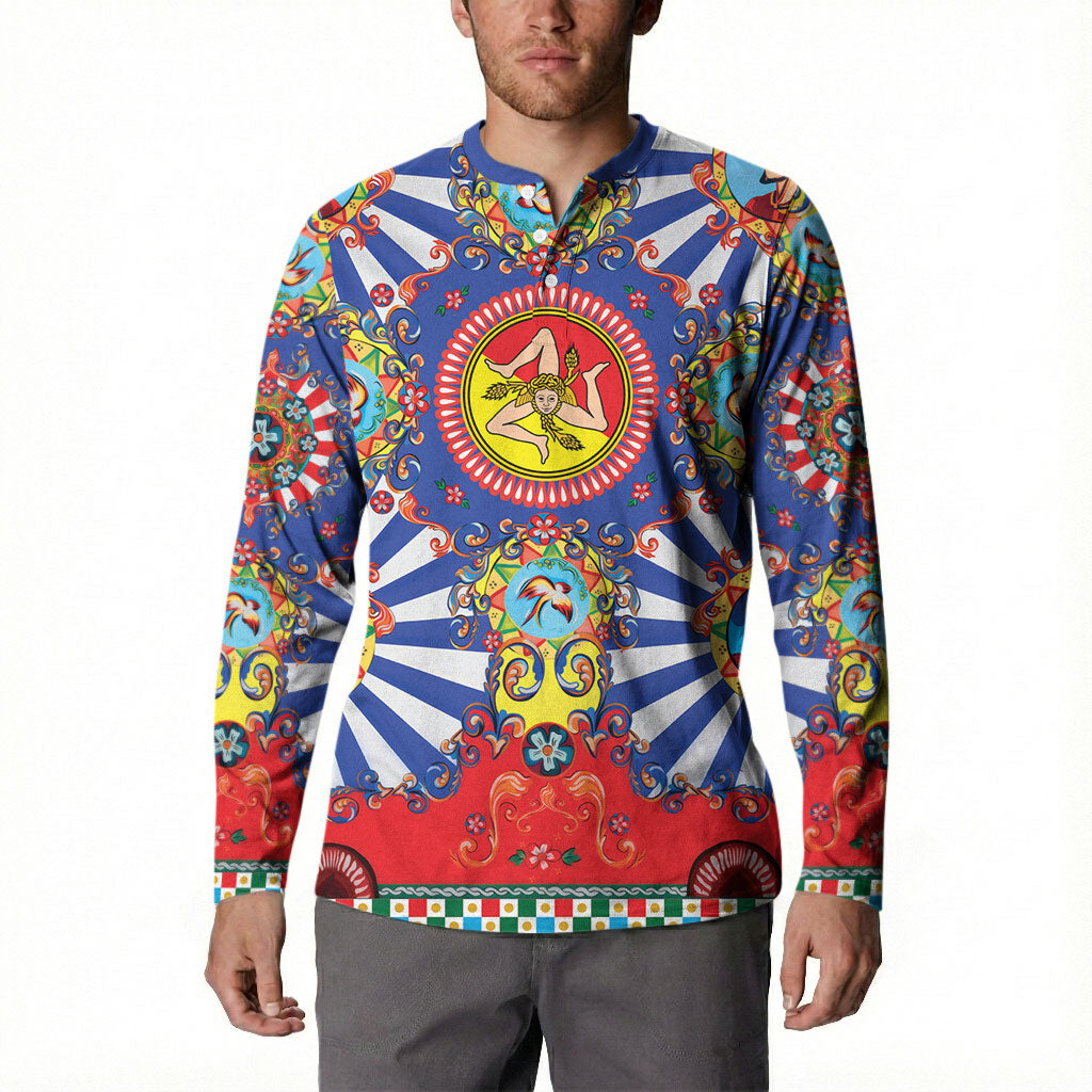 Carretto Siciliano Folk Art Button Sweatshirt Trinacria Symbol Italian Pattern
