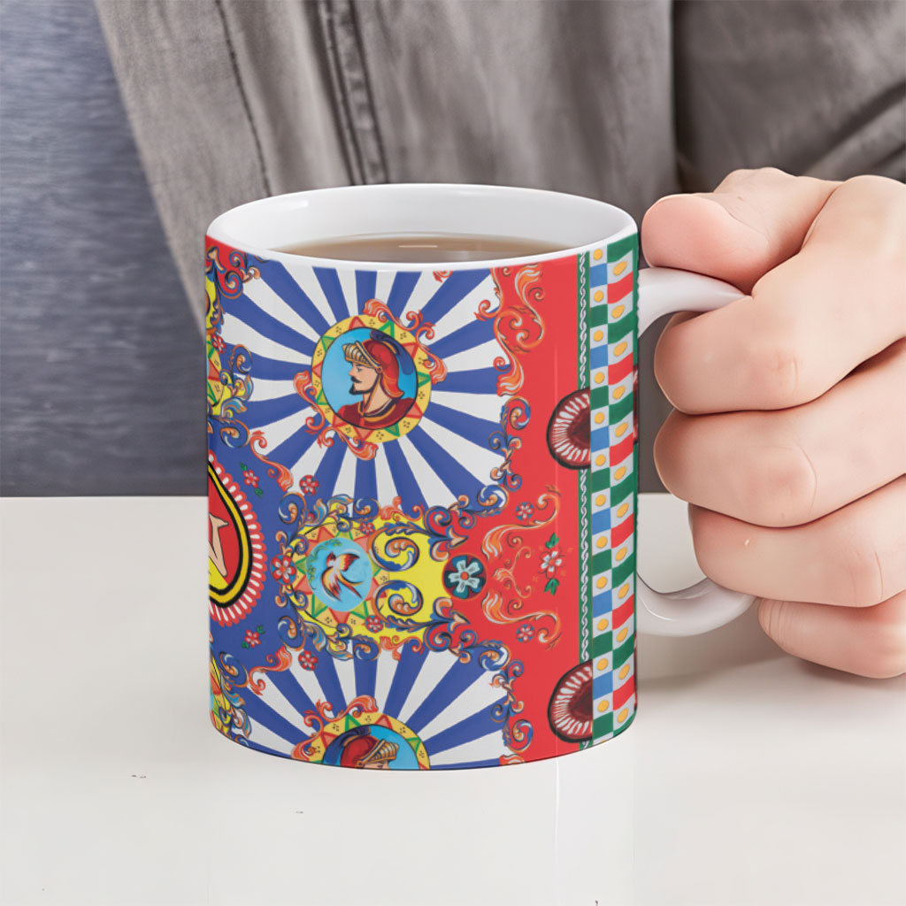 Carretto Siciliano Folk Art Ceramic Mug Trinacria Symbol Italian Pattern